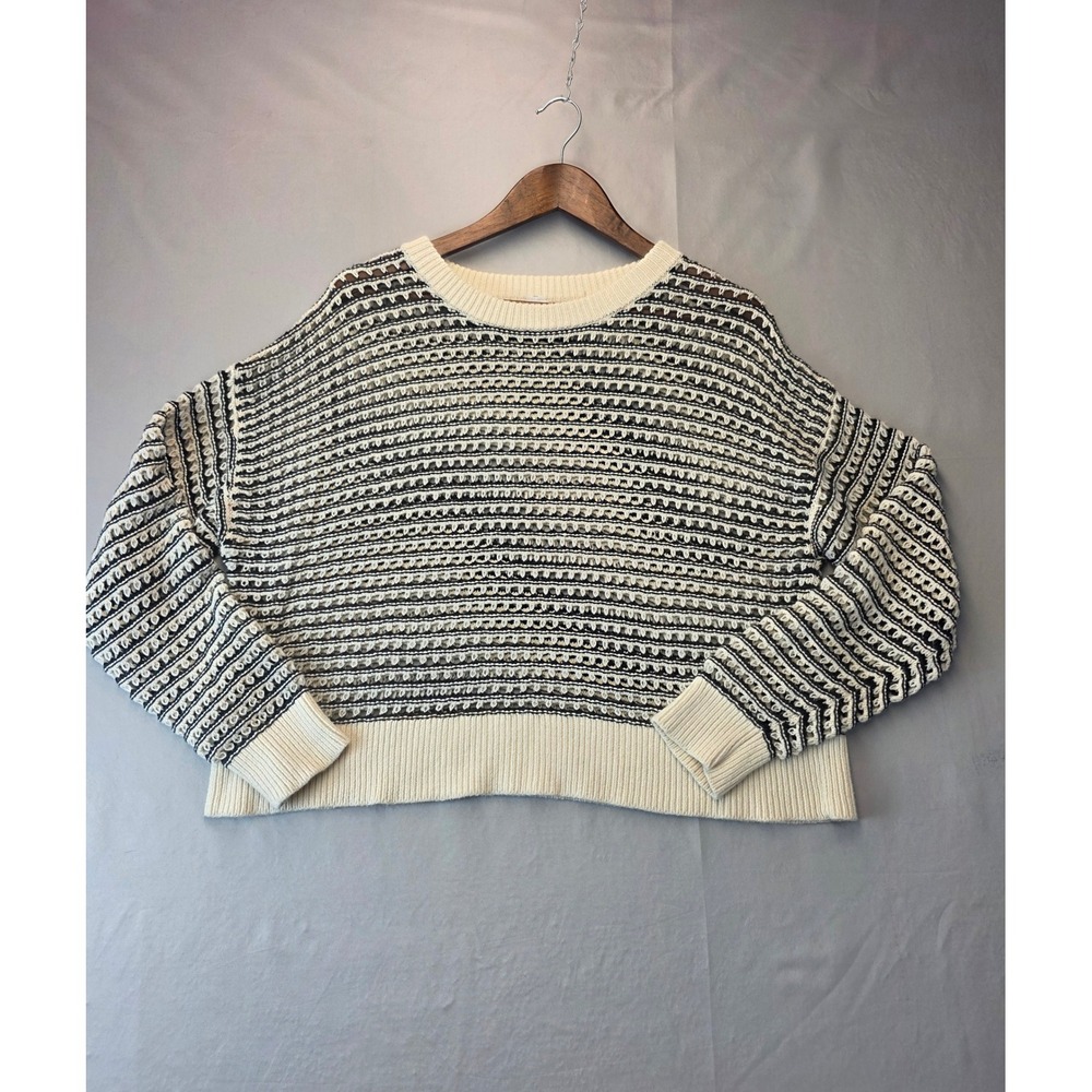 Old Navy Black Cream Striped Open Knit Cotton Sweater Medium Relaxed Cropped